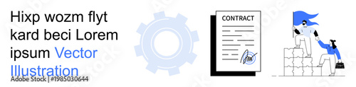 Business strategy, legal agreements, teamwork, innovation, collaboration, goal setting. Gear icon alongside a contract and characters stacking blocks. Business strategy and legal agreements