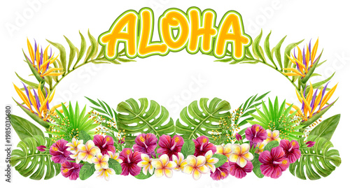 Aloha Hawaii greeting. Tropical greenery arrangement. Hand drawn watercolor painting with Hibiscus flowers and palm leaves isolated on white background.