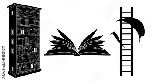 Silhouetted bookshelf beside open book with ladder and bird concept Isolated on white background
