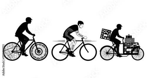 Silhouettes of cyclists in motion with diverse wheel designs and cargo isolated on white background