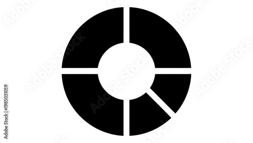 Black donut chart icon graphic, data visualization, pie chart segments with negative space