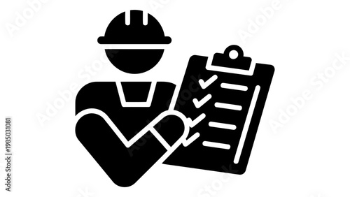 Black glyph icon of a construction worker holding a clipboard with a checklist