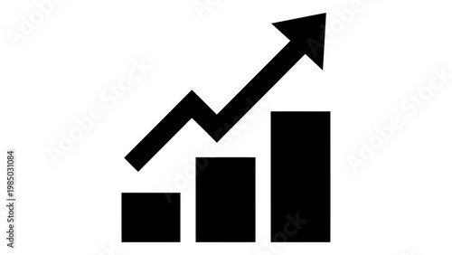 Black glyph icon of a rising bar chart with an upward trending arrow