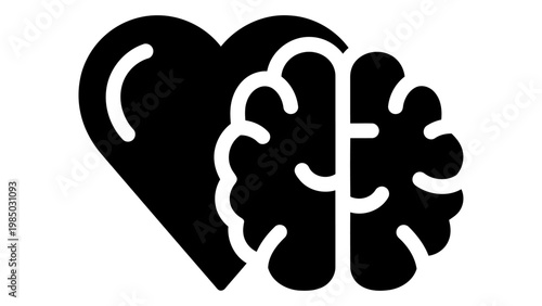 Black glyph icon representing the connection between heart and brain for emotional intelligence and logic