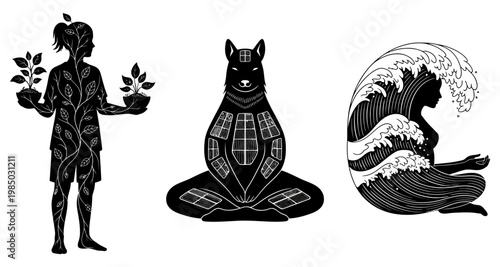 Stylized human plant growth meditating animal solar energy and flowing water spirit concept Isolated on white background
