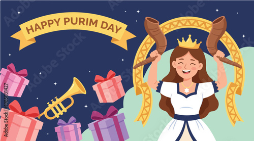 Illustration of a smiling young woman wearing a crown and holding shofars with gifts and a Happy Purim Day banner in a festive night sky.