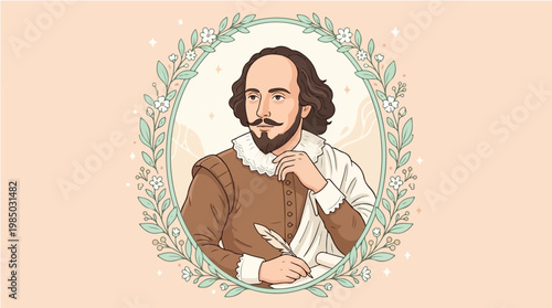 Illustration of a man with a quill in a decorative oval frame with leaves on a peach background.