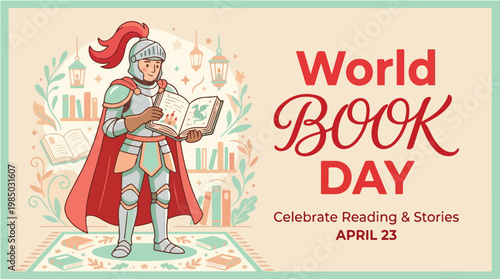 Illustration of a knight in armor reading a book on World Book Day with a colorful design