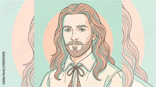 Illustration of a man with long hair and a beard wearing a white shirt with a bow tie against a green background with a halo.