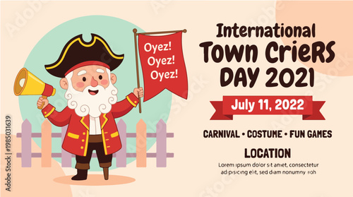 Flat design illustration of a cartoon pirate holding a flag and bell on International Town Criers Day with a fun and colorful carnival background.