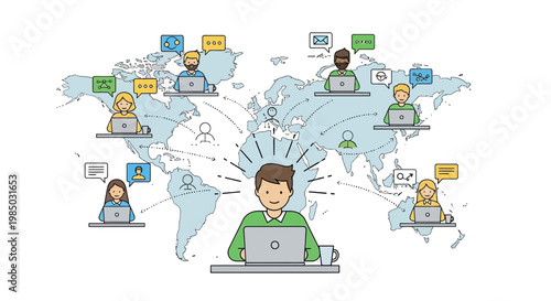 A virtual team comes together for a joyful global celebration online with laptops.