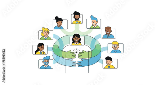 Virtual team members join hands in a joyful celebration around a globe.