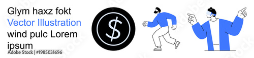 Business growth, economic trends, financial concepts, marketing visuals, lifestyle planning, creative design. Dollar symbol and active characters in motion. Business growth and financial concepts