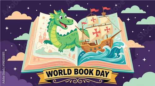 Illustration of a green dragon on an open book with a sailing ship, celebrating World Book Day against a starry night sky with clouds.