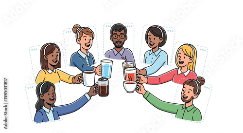 A virtual team celebrates together with a joyful toast and cheerful beverages in a lively gathering.