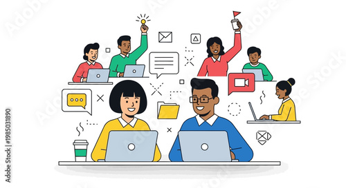 A virtual team comes together for a joyful celebration with laptops and various office supplies.