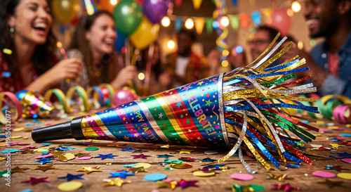 Party atmosphere with people celebrating and decorations like confetti, balloons, and a birthday cake on the table.