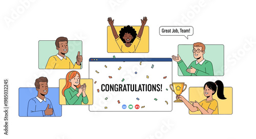 A virtual team comes together to celebrate a milestone achievement with confetti