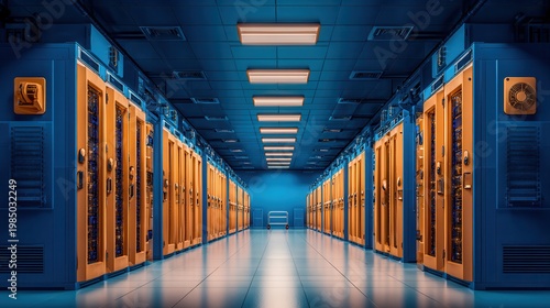 Aisle of servers with glass doors