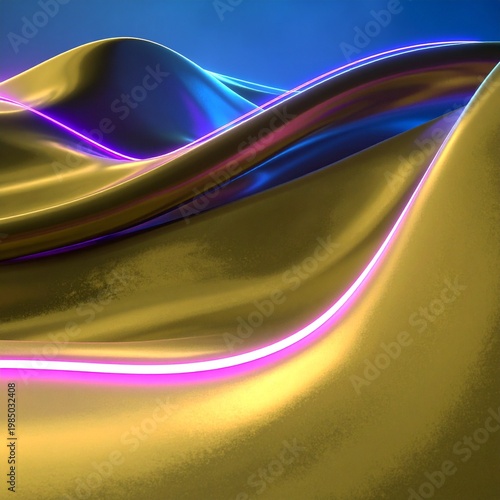 Abstract 3D Render of Flowing Gold Metallic Waves with Glowing Purple Neon Edges and Blue Reflections for Futuristic Luxury Background