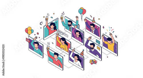 A virtual team comes together for a joyful online celebration with colorful decorations.