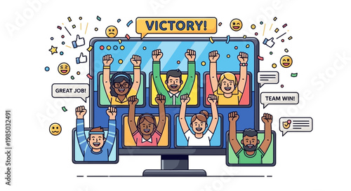 A virtual team celebrates a joyful victory on a computer screen with confetti.