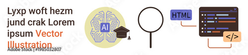 Artificial intelligence, web development, coding education, technology learning, programming, digital innovation. AI brain, magnifying glass HTML tag and code interface. Artificial intelligence