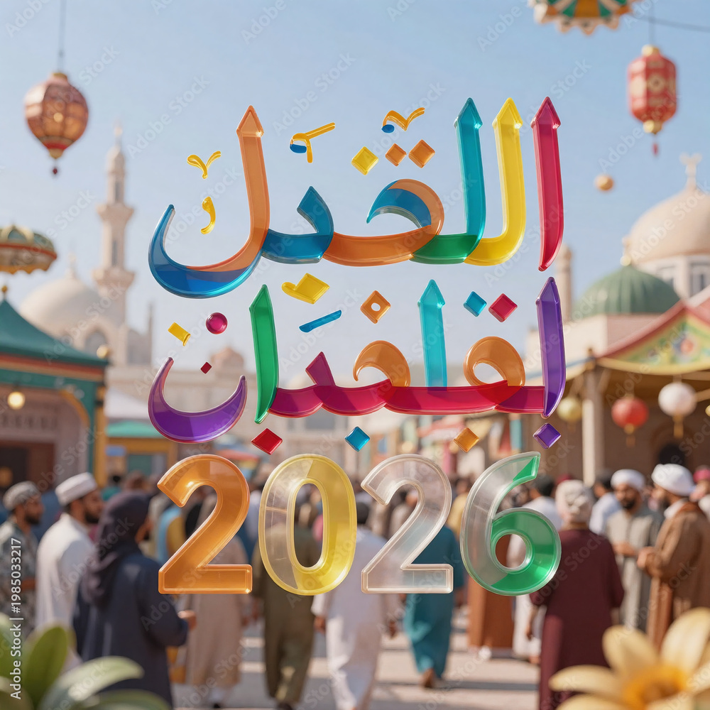 Naklejka premium Fantasy Art Eid Number. A Vibrant, Typography-Focused Design Featuring Overlapping Translucent Letters Showcasing The Eid Celebration In 2026