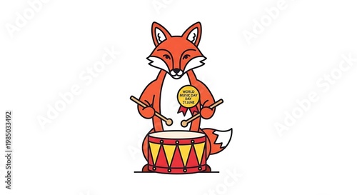 Cute fox playing drums on world music day