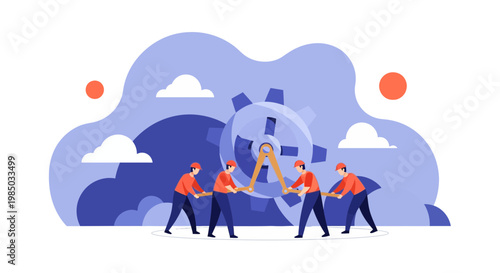 Team of Workers Cooperating to Turn Large Gear for Efficiency