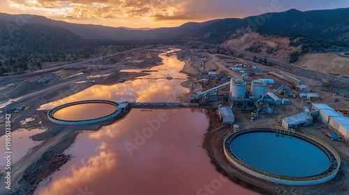 Aerial mining water treatment tanks sunset
