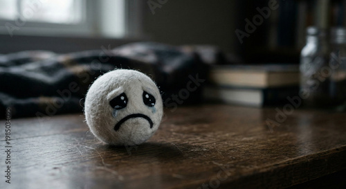A single stuffed ball with a sad face sits alone on a wooden table.