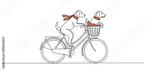 Dog riding in a basket on a bicycle with another dog minimal
