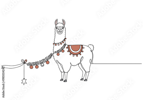 Llama in a festive setting decorated with ornaments minimal style