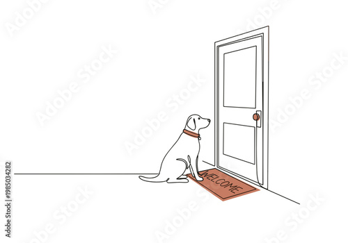 Dog waiting at a door sitting on doormat minimal background