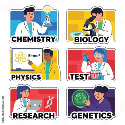 Set Of 6 Labor Day Stickers Flat Vector Art Colorful Science Laboratory Edition Chemist Biologist Physicist Astronomer Geologist Lab Tech Professional Job Illustration Isolated White Background