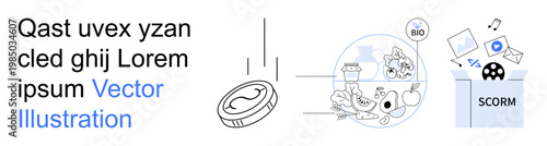 Financial transactions, sustainability, e-learning, digital asset creation, organic produce, bio-friendly materials. A coin drops, organic items in a bubble and digital media tools. Financial