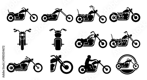 Chopper Motorcycle Silhouettes Set Custom Chopper Bikes Icons Collection Black Vector