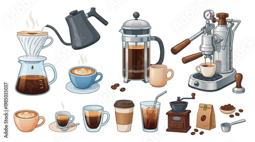 Coffee Brewing Methods and Equipment Vector Icon Set
