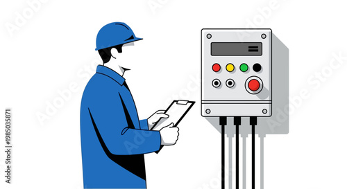 Worker in blue uniform and cap checking industrial control panel with clipboard industrial setting for factory or manufacturing process.