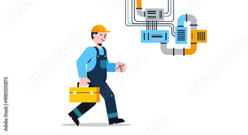 A cartoon plumber wearing a yellow hard hat and blue overalls walks towards the right carrying a yellow toolbox inspecting industrial pipes.