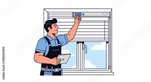 Handyman installing window blinds in house with cloudy sky outside through glass man holding tablet and adjusting roller shades