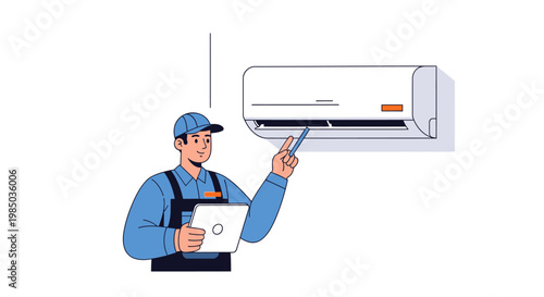 HVAC technician in blue uniform using tool to inspect air conditioner unit on wall depicting maintenance and repair service in progress.