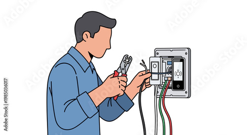 Man working on electrical wiring connections with pliers in hand fixing circuitry in residential electrical panel box with wires for home safety and maintenance.