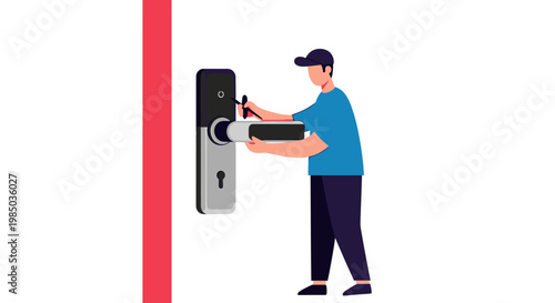 Man installing smart lock on door with keycard reader for secure access control systems in homes and offices daily
