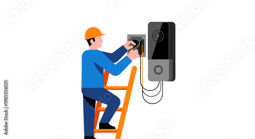 Technician in orange hard hat installing electrical equipment on ladder for maintenance work emphasizing safety and technical expertise in industrial settings.