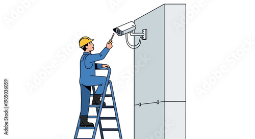 Technician installing security camera on exterior wall for surveillance and safety purposes with ladder