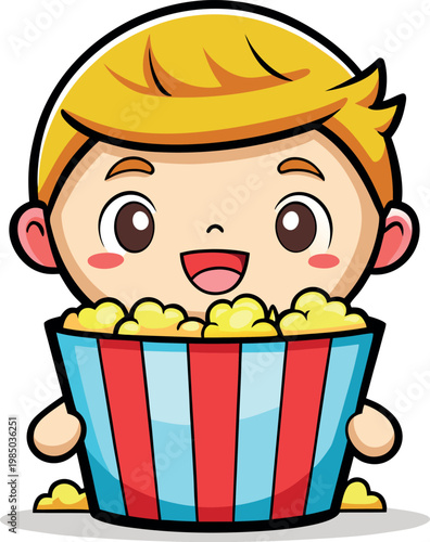 Kawaii little boy holding large bucket of yellow popcorn with red and blue striped design.