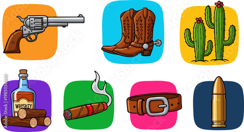 Wild West cowboy icon set, 7 colorful cartoon western vector elements, vintage outlaw equipment with revolver and boots for gaming and web design