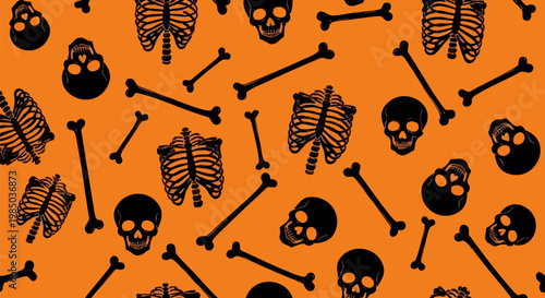 Halloween skeleton seamless pattern vector, black skulls and ribcage bones on orange background, spooky anatomy wallpaper for festive gift wrap